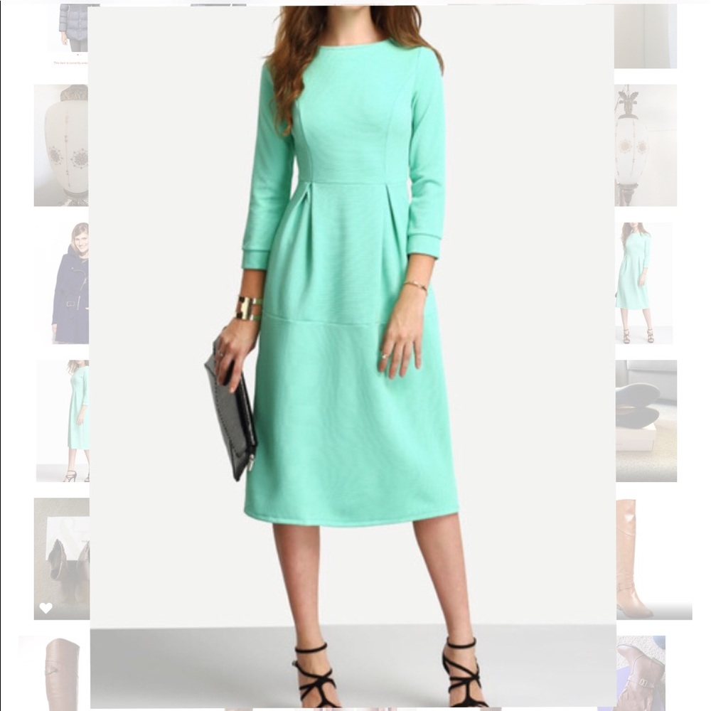 NEW Mint Green 3/4 Sleeve Box Pleated Midi Dress M